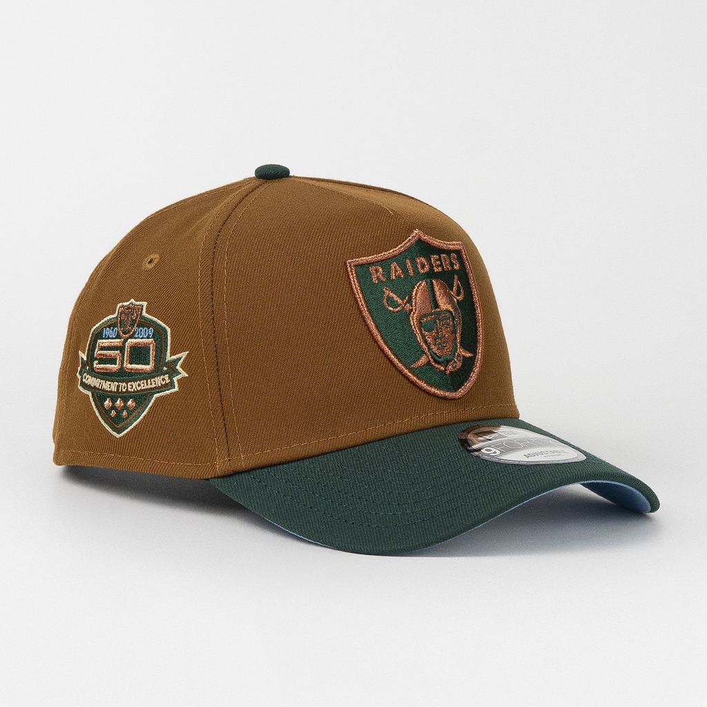 Gorra New Era A-Frame RAIDERS 50TH 1960–2009 BROWN/GREEN 940F | Snapback Visera Curva
