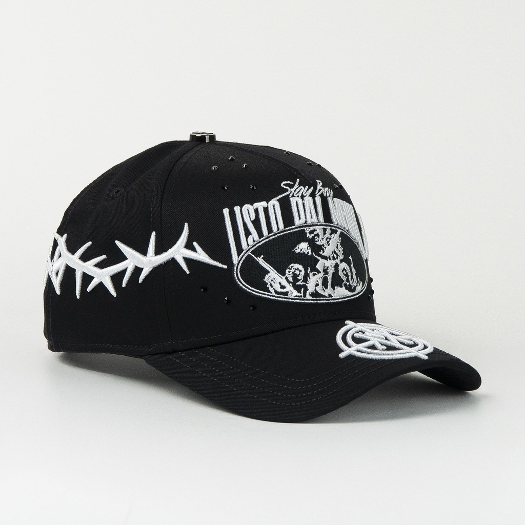 Gorra Baez LISTO PAL MENEO BLACK de Tela | Snapback Visera Semicurva Estilo Urbano Disruptivo
